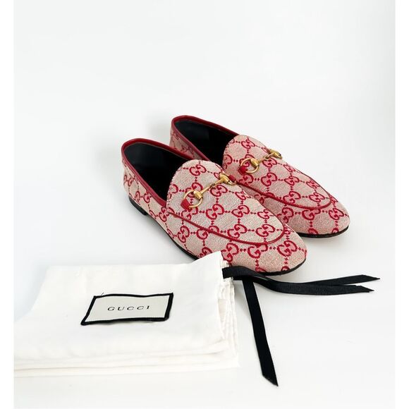 Gucci Shoes - Gucci Jordaan Horsebit Loafer Red GG Canvas Flat Supreme Buckle 37, 7